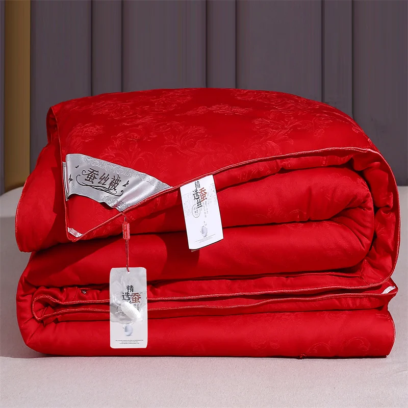 Luxury Mulberry Silk Quilt Comforter All Season Bed Blanket Jacquard 100% Silk Filling Quilts with 100% Cotton Cover Queen Duvet