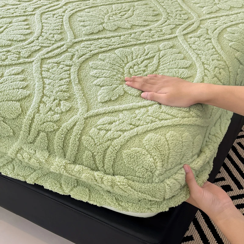 WASART Soft warm coral fleece fitted sheet elastic mattress protector cover retro jacquard winter fluffy plush bed linen 180x200