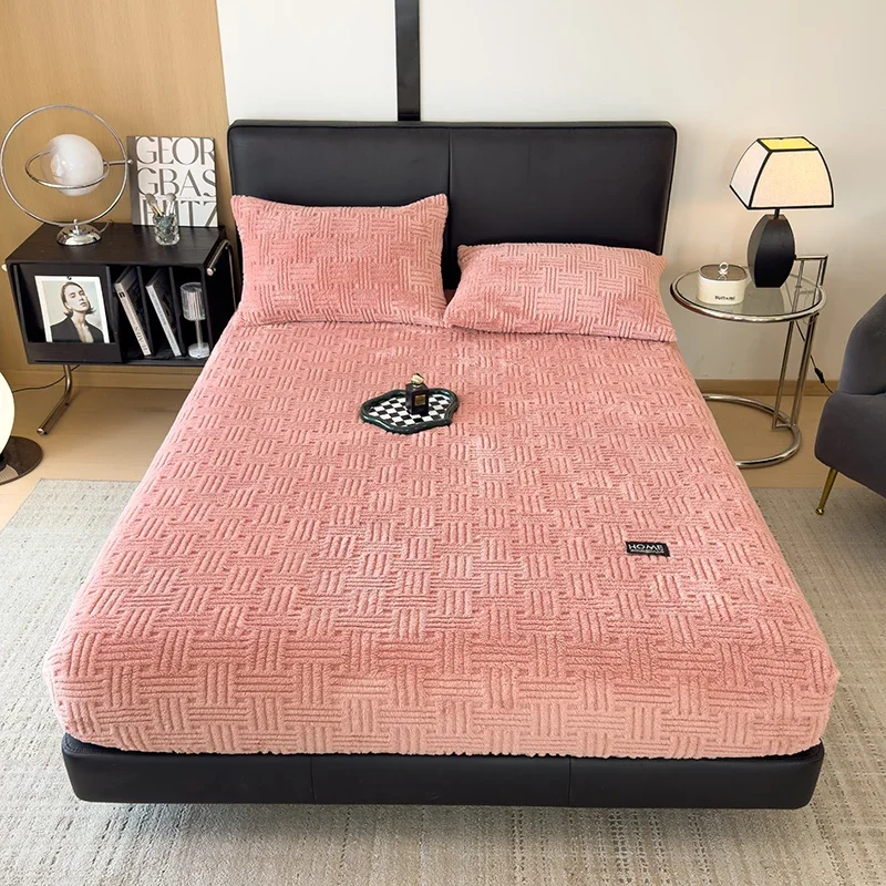 WASART Fluffy coral fleece fitted sheet elastic mattress cover warm plush bed linen couple luxury double bed bedding king size