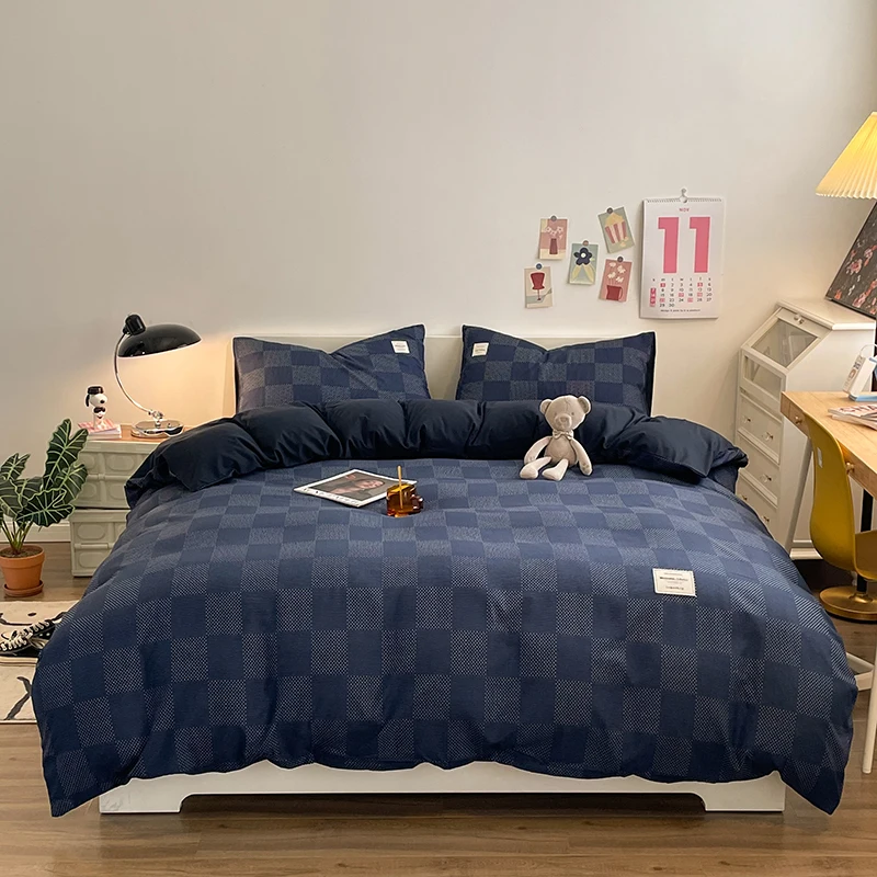 Pure Cotton Home Textile Plaid Style Bedding Set Simple Soft Duvet Cover Sheet Pillowcases Ins Style Bed Linens Queen King Size