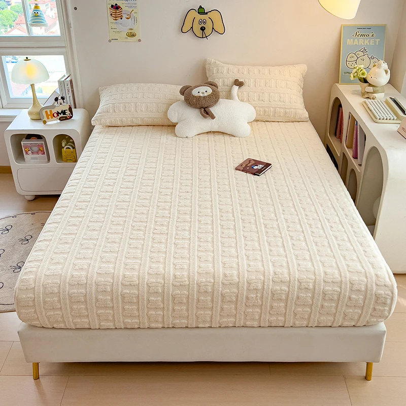 Jacquard Fleece Velvet Fitted Sheet Plush Soft Bed Cover Mattress Cover with Elastic Band Autumn Winter Warm Bed Sheet 120/160cm