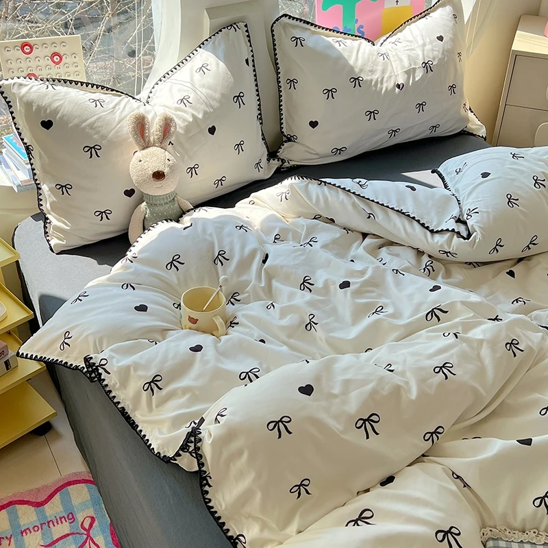 Washed Cotton Bed Linen Bedding Set Comforter Cover Pillowcase Flat/Fitted Sheet Comforter Set Single Double Bed Quilt Cover Ins