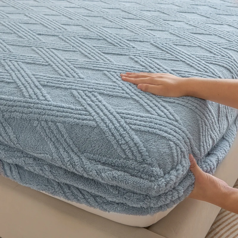 WASART Soft warm coral fleece fitted sheet elastic mattress protector cover plaid jacquard winter fluffy plush bed linen 180x200