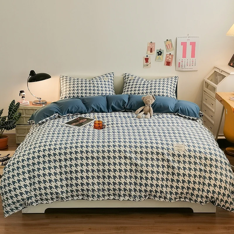 Pure Cotton Home Textile Plaid Style Bedding Set Simple Soft Duvet Cover Sheet Pillowcases Ins Style Bed Linens Queen King Size