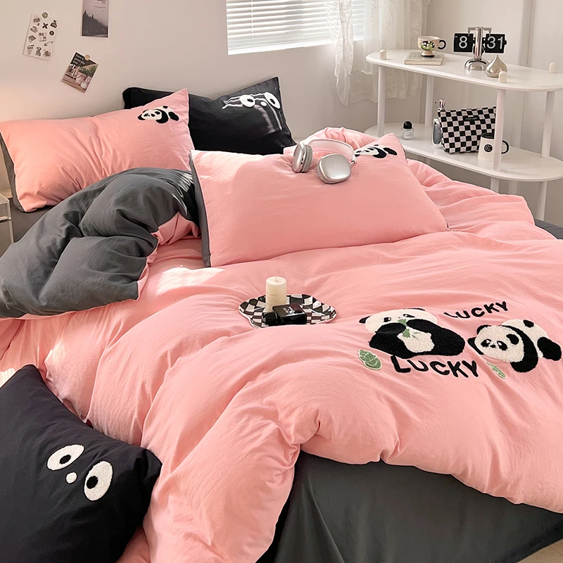 Embroidered Panda Duvet Cover Set 100% Cotton Bedding Set Flat/Fitted Sheet Quilt Cover Pillowcase Single Double Queen Size Ins