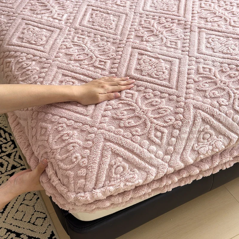 WASART Fluffy coral fleece fitted sheet elastic mattress protector cover winter warm plush bed linen luxury double bed bedding