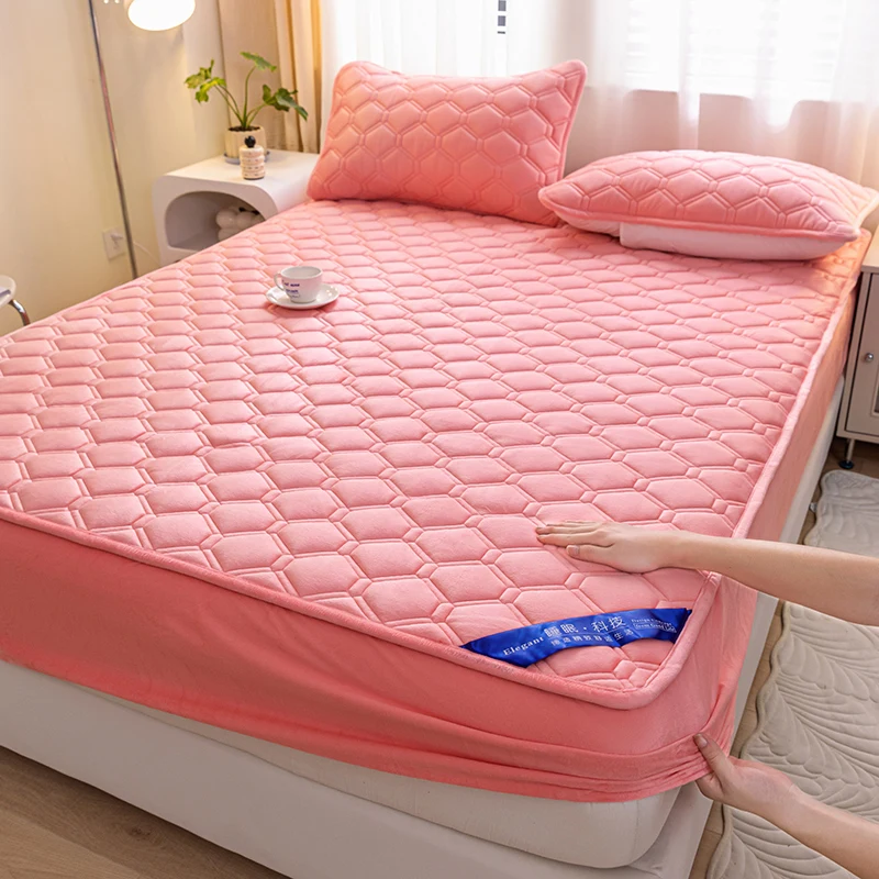 WASART Fluffy Coral Fleece Quilted Mattress Protector Cover Warm Cozy Milk Velvet Elastic Fitted Sheet 150X200 Winter Bed Linens